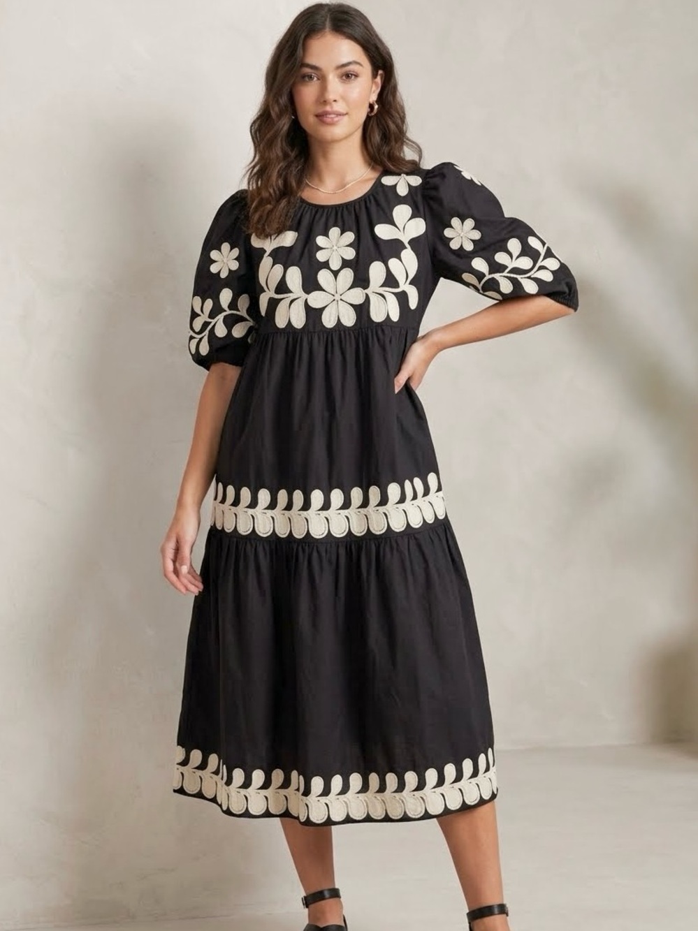 Anthropologie Embroidered 3/4 Puff-Sleeve Midi Dress, Black/ Cream, Size S